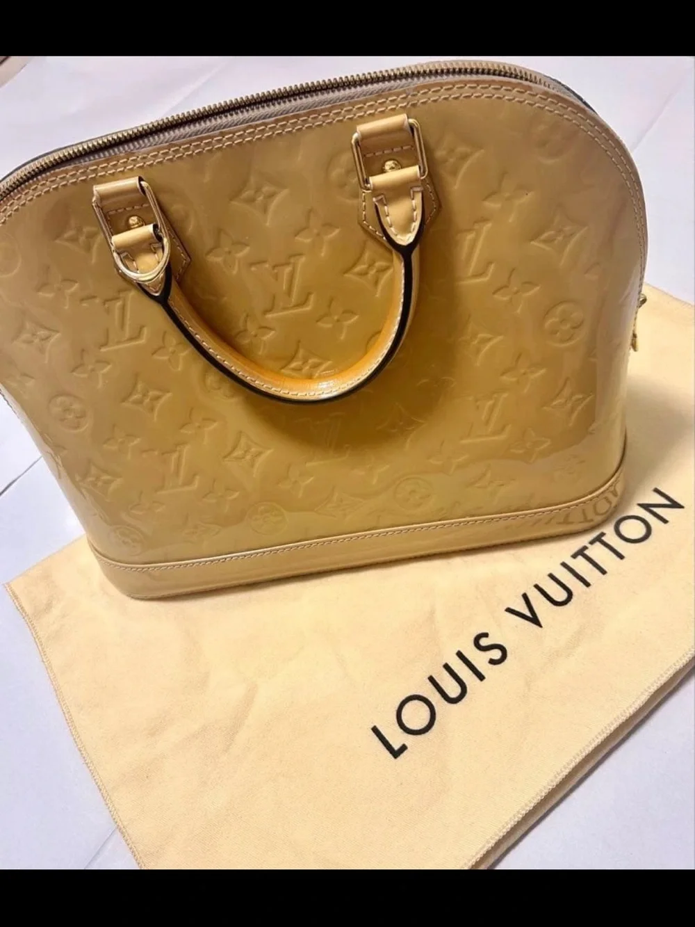 Louis Vuitton Vernis Alma PM Satchel in Camel Patent Leather with Gold Hardware